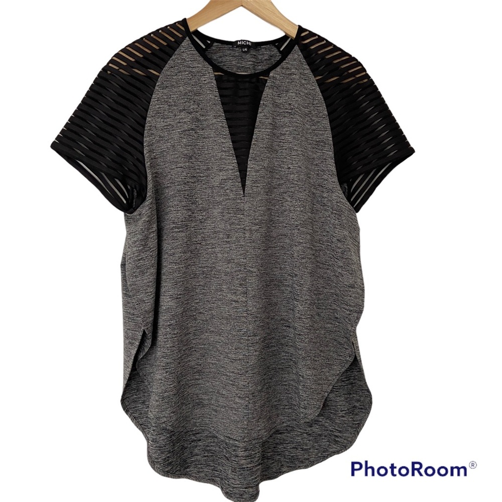 MICHI MOTTLED GREY WORKOUT TOP WITH OPEN SIDES AND BLACK STRIPED MESH SHOULDERS